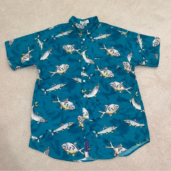VTG 90s Columbia Men's Short Sleeve Fish Print Cotton Button Down Shirt Size L - Picture 1 of 7
